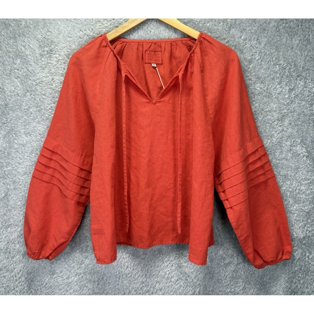 Velvet Heart Womens M 100% Linen Peasant Blouse Orange Balloon Sleeve Boho NEW